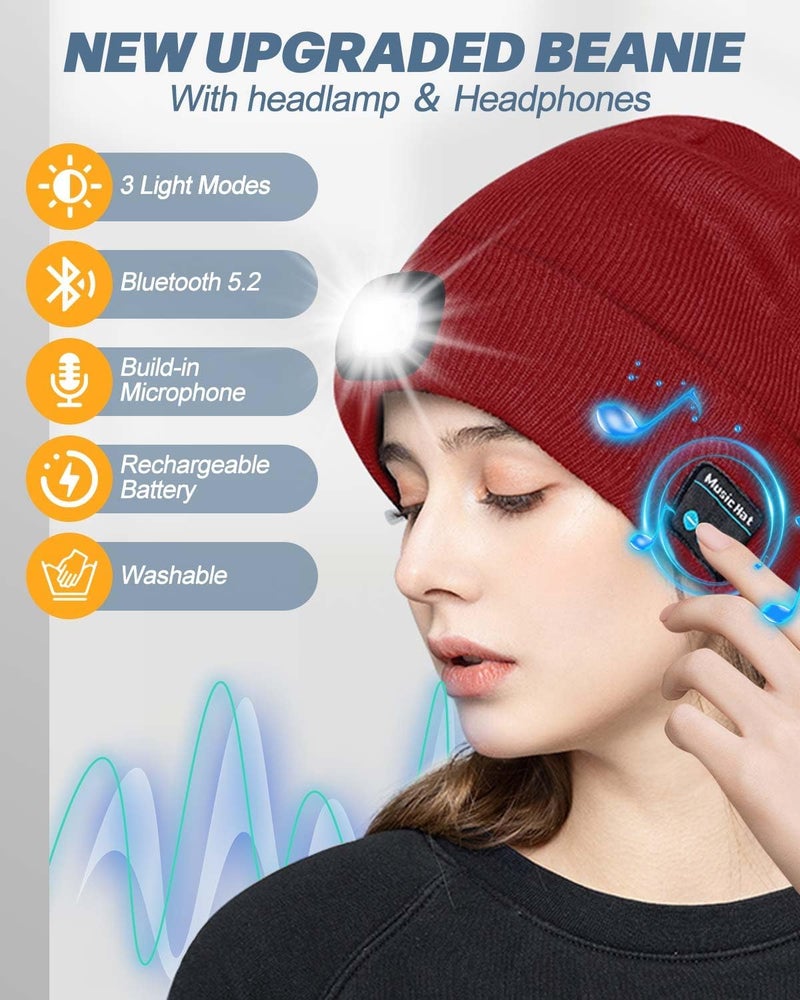 MOXTOYU Bluetooth Beanie with Light, USB Rechargeable LED Headlamp Winter Hat, Christmas Stocking Stuffers Gifts for Men Women - Image 2